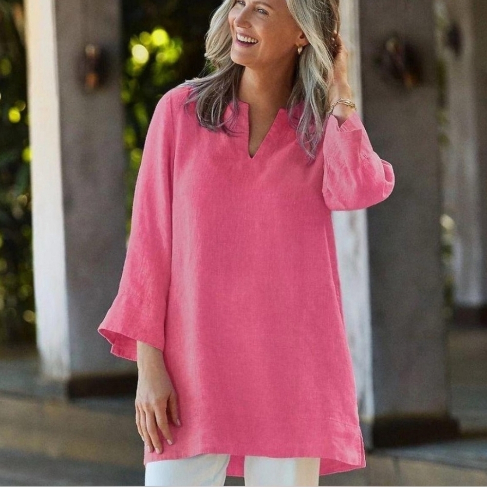 Lands' End Pink Linen Blend Split Neck Tunic Top XL